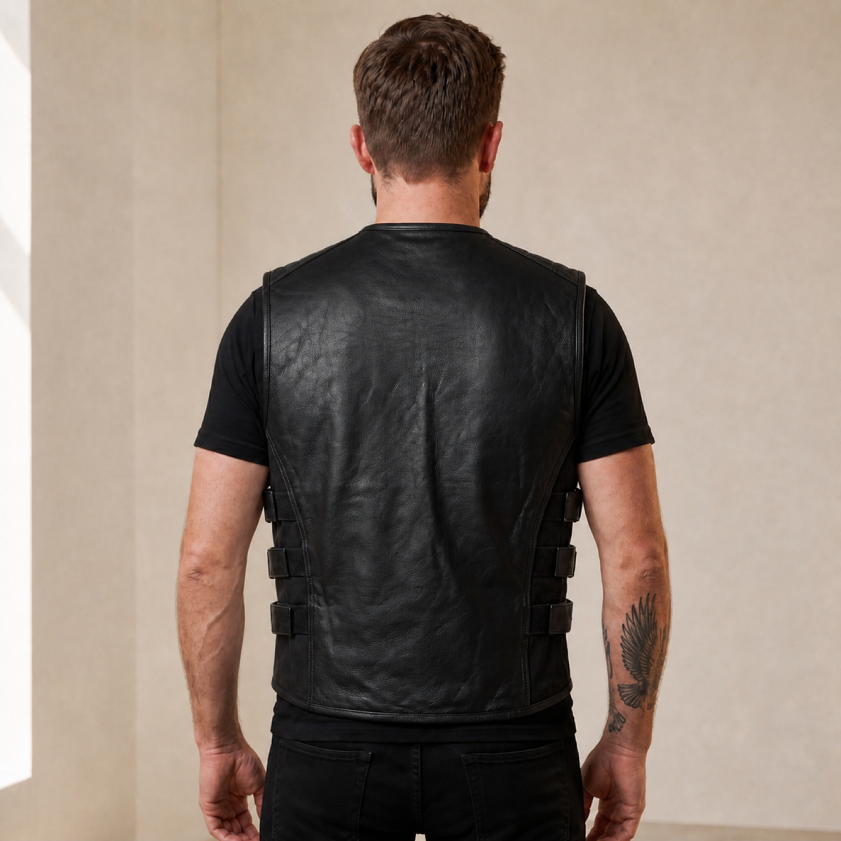Men's Black SWAT Cowhide Leather Motorcycle Vest - black swat leather vest model back view by MOTOGRIP GEAR