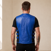 Men's Blue SWAT Cowhide Leather Motorcycle Vest - blue swat leather vest model back view by MOTOGRIP GEAR