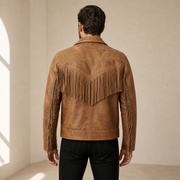 Men's Distressed Cowhide Western Fringe Jacket - brown fringe jacket model back view by MOTOGRIP GEAR