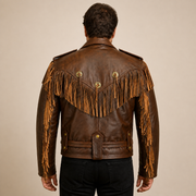 Men's Brown Western Fringe Sheepskin Leather Jacket - brown western fringe sheepskin leather jacket model back view by MOTOGR