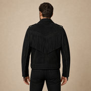 Men's Suede Fringe Biker Jacket - mens black suede fringe biker jacket model back view by MOTOGRIP GEAR