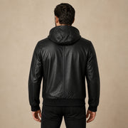 Men's Black Leather Varsity Jacket With Hood - model back view by MOTOGRIP GEAR