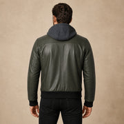 Men's Olive Green Real Leather Jacket With Removable Hood - model back view by MOTOGRIP GEAR