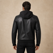 Men's Black Quilted-Shoulder Removable-Hood Lambskin Bomber Jacket - model back view by MOTOGRIP GEAR