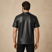 Men's Genuine Lambskin Leather Biker T-Shirt — Black - model back view by MOTOGRIP GEAR