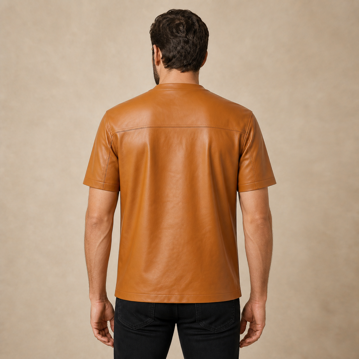 Men's Genuine Lambskin Leather Biker T-Shirt — Orange - model back view by MOTOGRIP GEAR