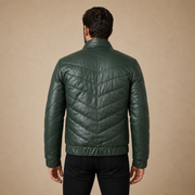 Men's Deep Green Chevron Quilted Sheepskin Leather Puffer Jacket - model back view by MOTOGRIP GEAR