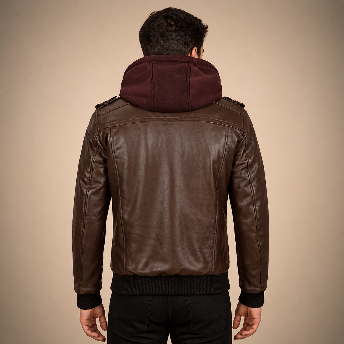 Men's Dark Brown Lambskin Bomber Jacket With Removable Burgundy Hood - model back view by MOTOGRIP GEAR