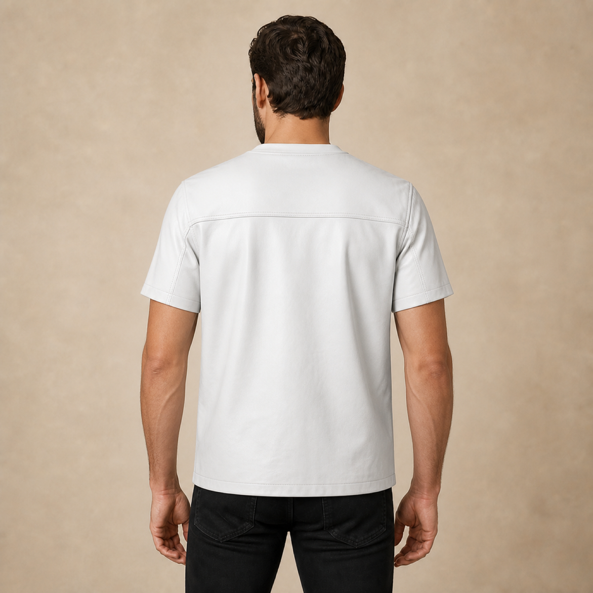 Men's Genuine Lambskin Leather Biker T-Shirt — White - model back view by MOTOGRIP GEAR