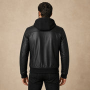Men's Black Real Leather Bomber Jacket With Detachable Hood - model back view by MOTOGRIP GEAR