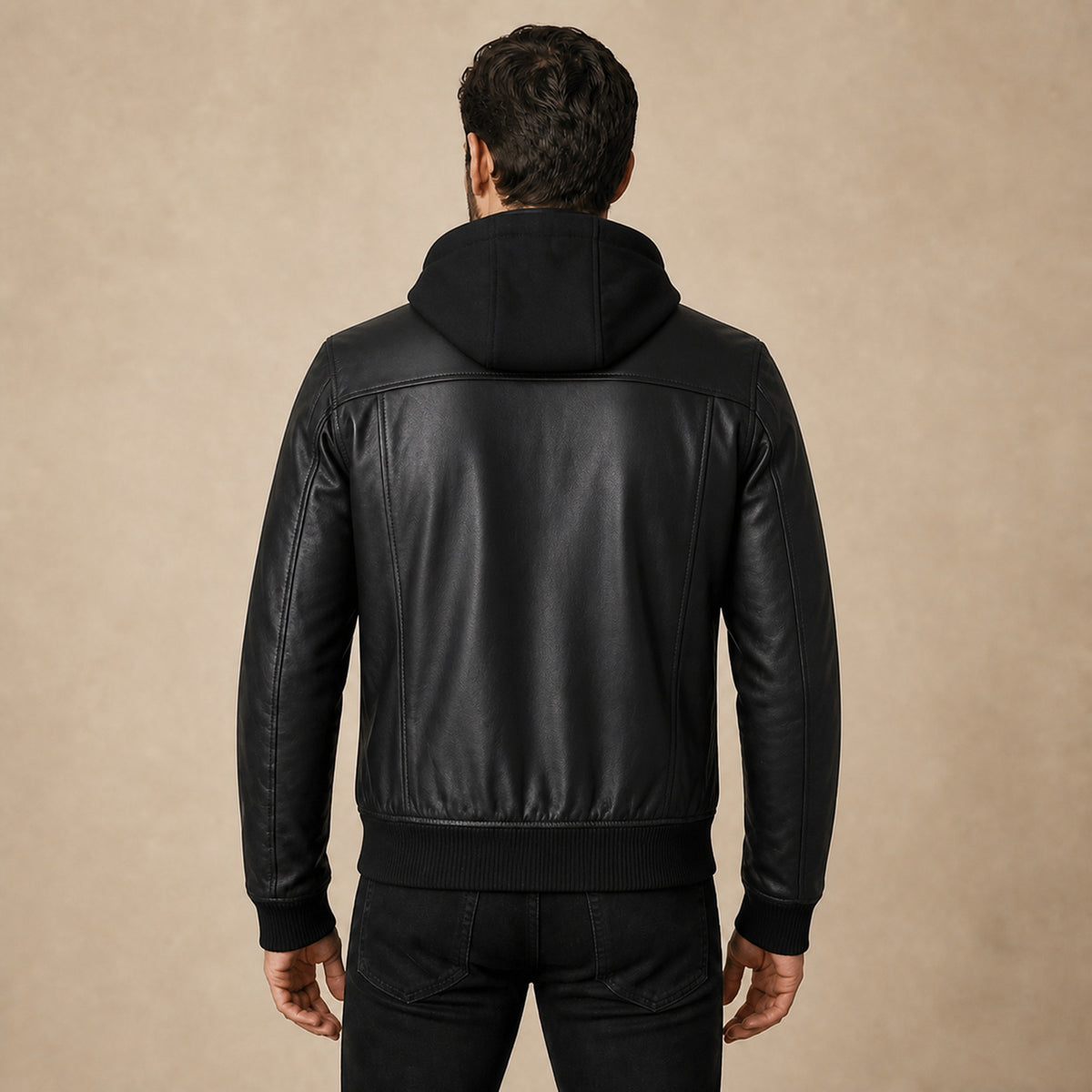 Men's Black Real Leather Bomber Jacket With Detachable Hood - model back view by MOTOGRIP GEAR