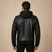 Men's Black Removable-Hood Lambskin Leather Jacket - model back view by MOTOGRIP GEAR