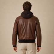 Men's Cognac Wax Removable-Hood Lambskin Leather Bomber Jacket - model back view by MOTOGRIP GEAR