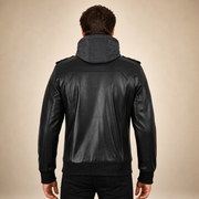 Men's Black Lambskin Leather Bomber Jacket With Removable Grey Hood - model back view by MOTOGRIP GEAR