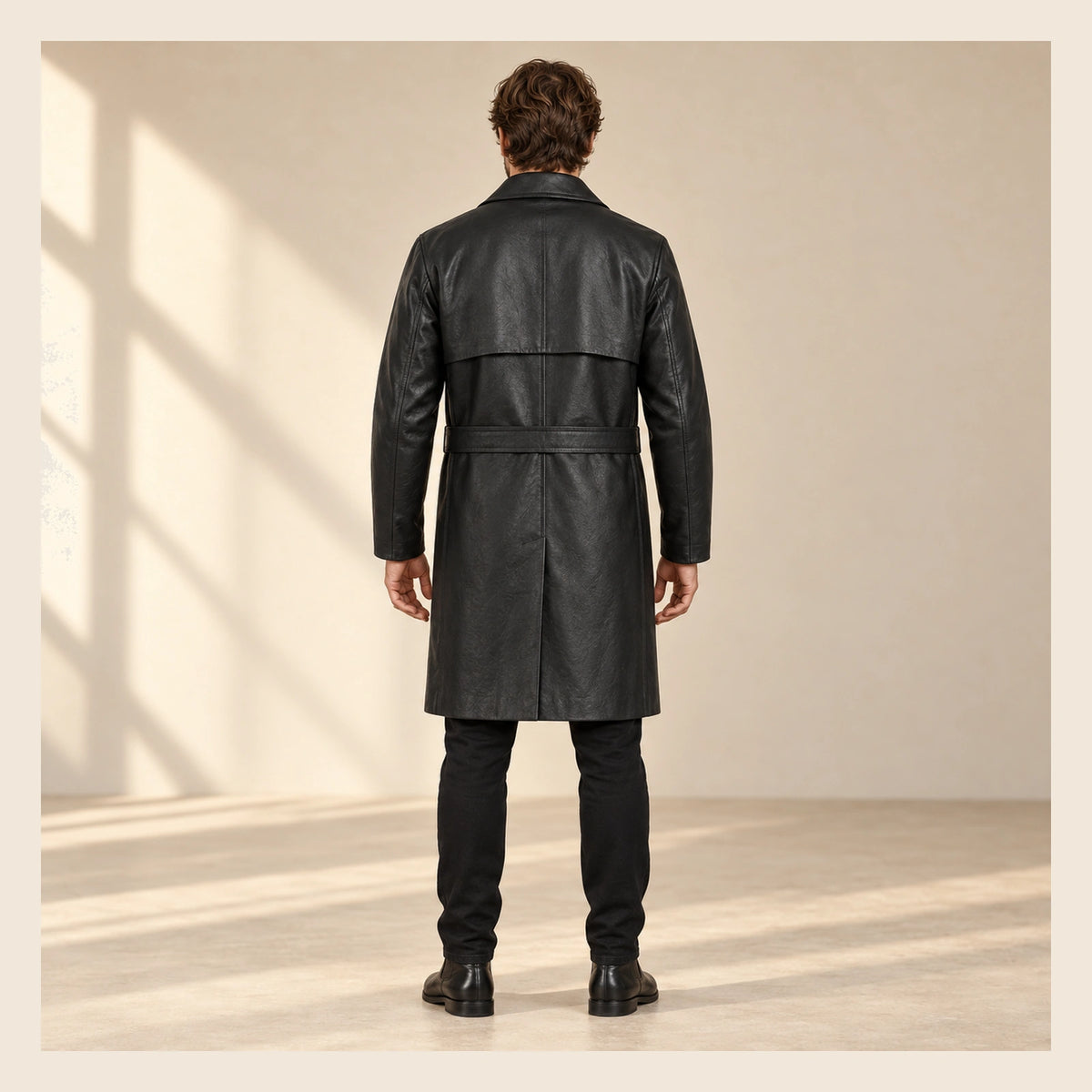 MOTOGRIP Ashvale men's Black Sheepskin Leather Trench Coat, back view on a model.