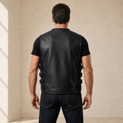 Men's Black & Blue Perforated Leather Motorcycle Vest - motogrip mens black blue perforated leather motorcycle vest model bac