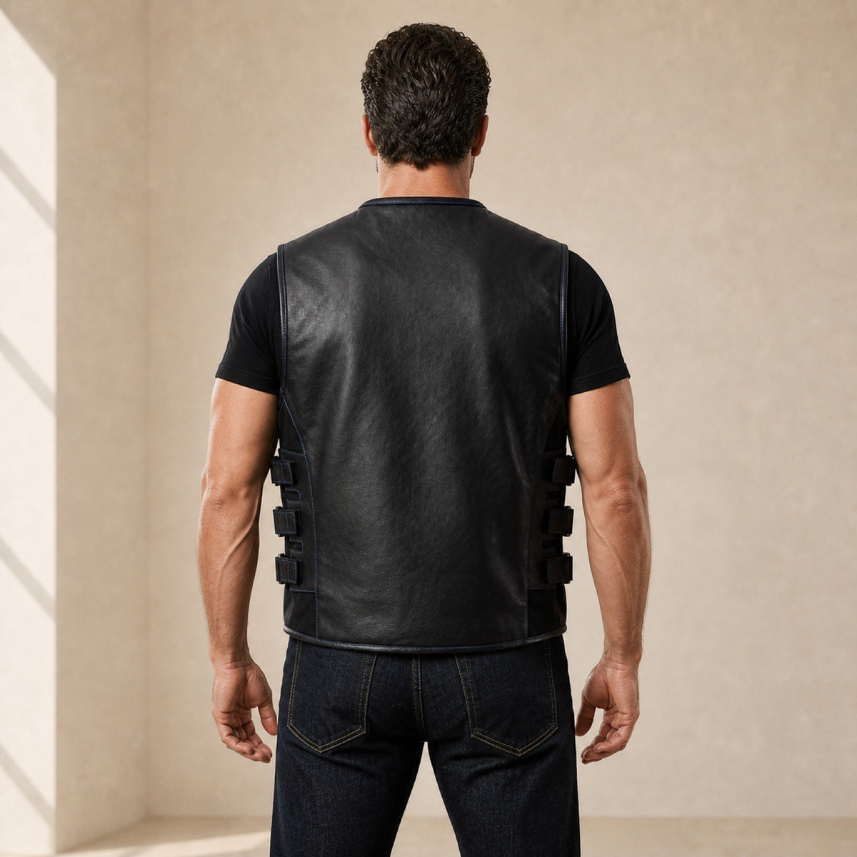 Men's Black & Blue Perforated Leather Motorcycle Vest - motogrip mens black blue perforated leather motorcycle vest model bac