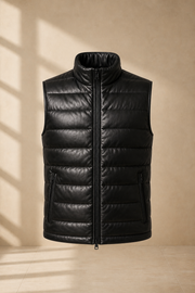 Men's Black Quilted Lambskin Leather Puffer Vest - motogrip mens black lambskin leather puffer vest front view by MOTOGRIP GE
