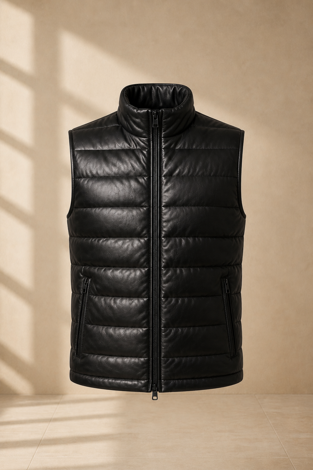 Men's Black Quilted Lambskin Leather Puffer Vest - motogrip mens black lambskin leather puffer vest front view by MOTOGRIP GE