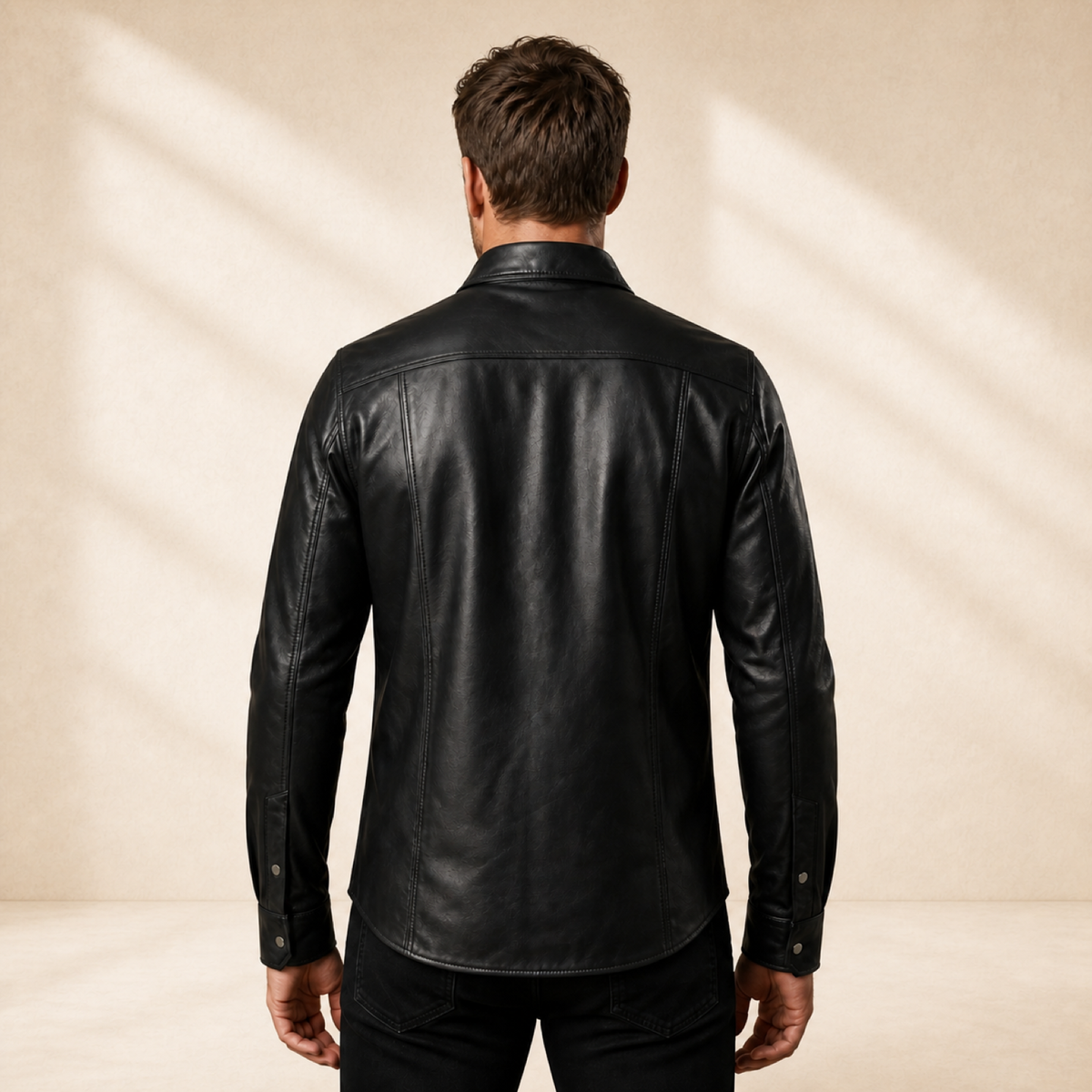 Men's Black Lambskin Leather Biker Shirt - motogrip mens black lambskin leather shirt model back view by MOTOGRIP GEAR