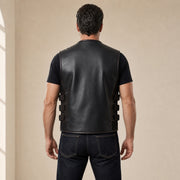 Men's Black & Red Perforated Leather Motorcycle Vest - motogrip mens black red perforated leather motorcycle vest model back