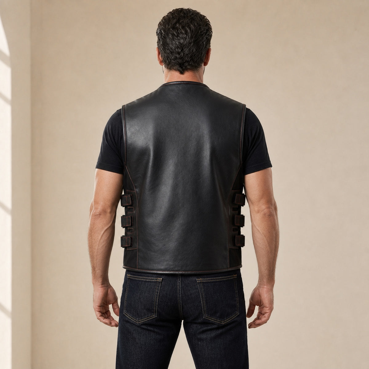 Men's Black & Red Perforated Leather Motorcycle Vest - motogrip mens black red perforated leather motorcycle vest model back