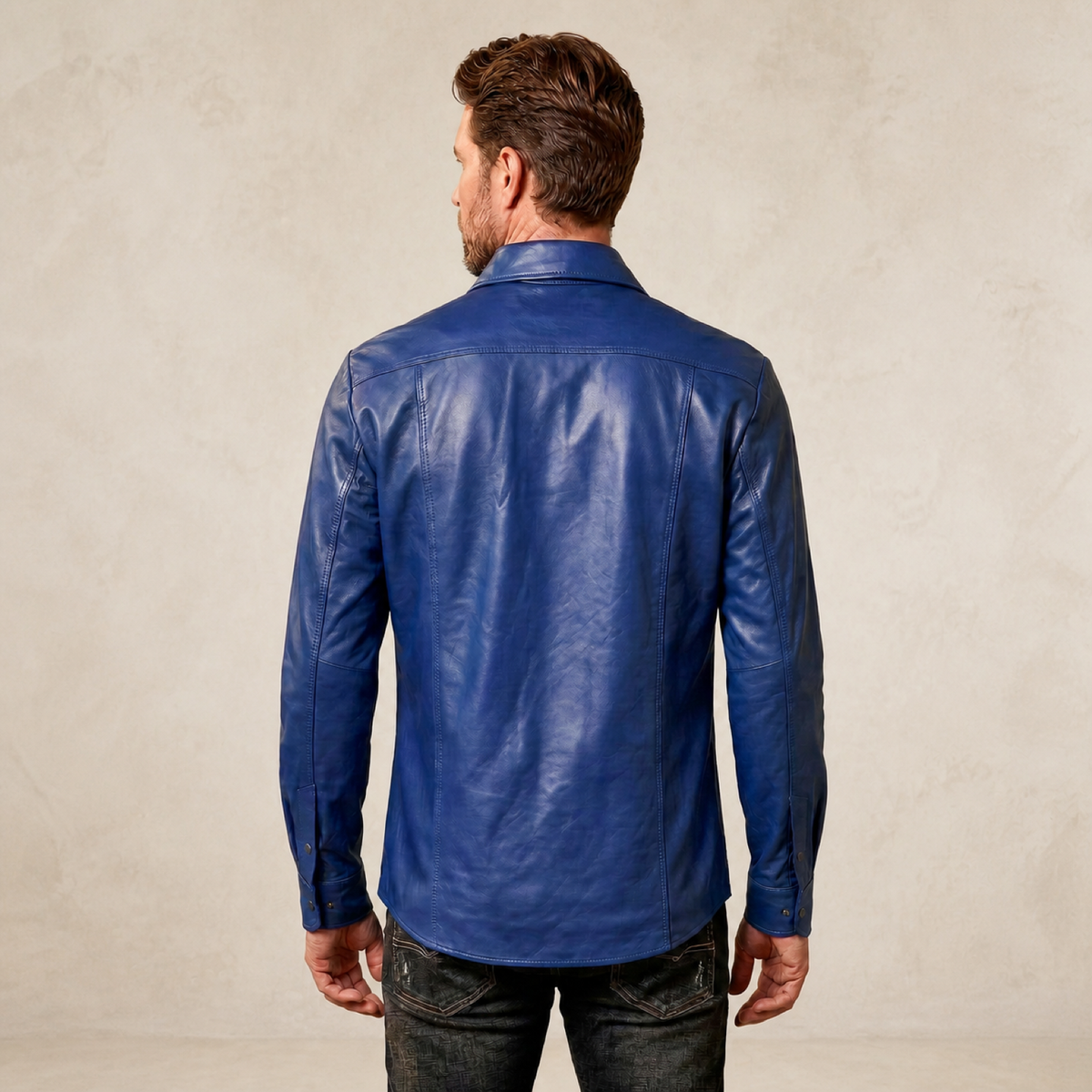 Men's Blue Lambskin Leather Biker Shirt - motogrip mens blue lambskin leather shirt model back view by MOTOGRIP GEAR