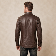 Men's Brown Lambskin Leather Biker Shirt - motogrip mens brown lambskin leather shirt model back view by MOTOGRIP GEAR