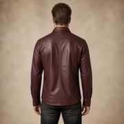 Men's Burgundy Lambskin Leather Biker Shirt - motogrip mens burgundy lambskin leather shirt model back view by MOTOGRIP GEAR