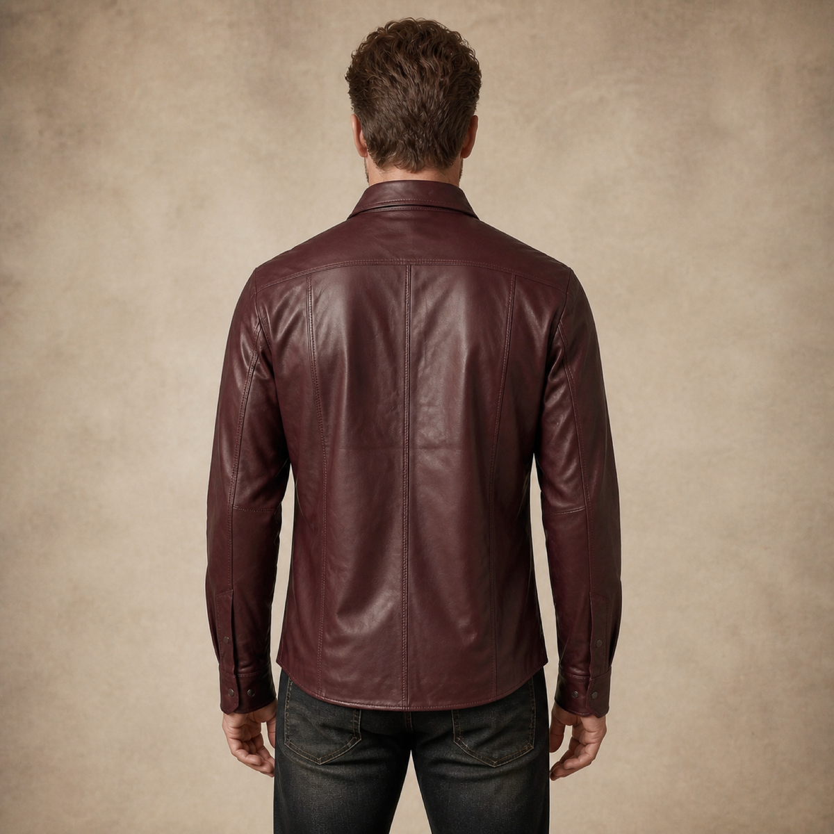 Men's Burgundy Lambskin Leather Biker Shirt - motogrip mens burgundy lambskin leather shirt model back view by MOTOGRIP GEAR