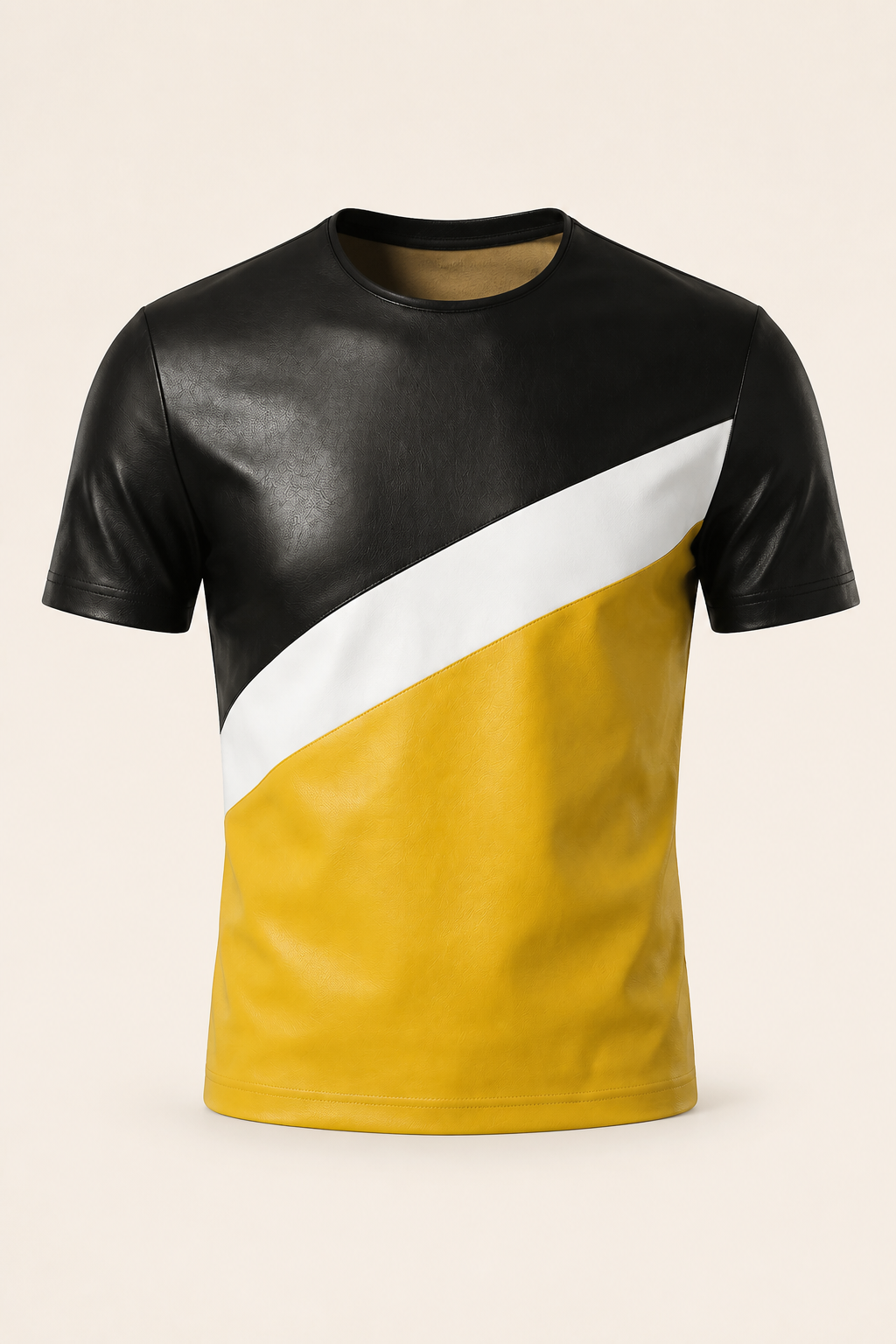 MOTOGRIP men's black, white and mustard lambskin leather T-shirt, front view