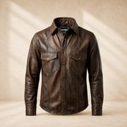 Men's Vintage Distressed Brown Lambskin Leather Shirt - motogrip mens distressed brown lambskin leather shirt front square v2