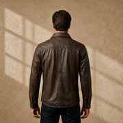 Men's Vintage Distressed Brown Lambskin Leather Shirt - motogrip mens distressed brown lambskin leather shirt model back squa