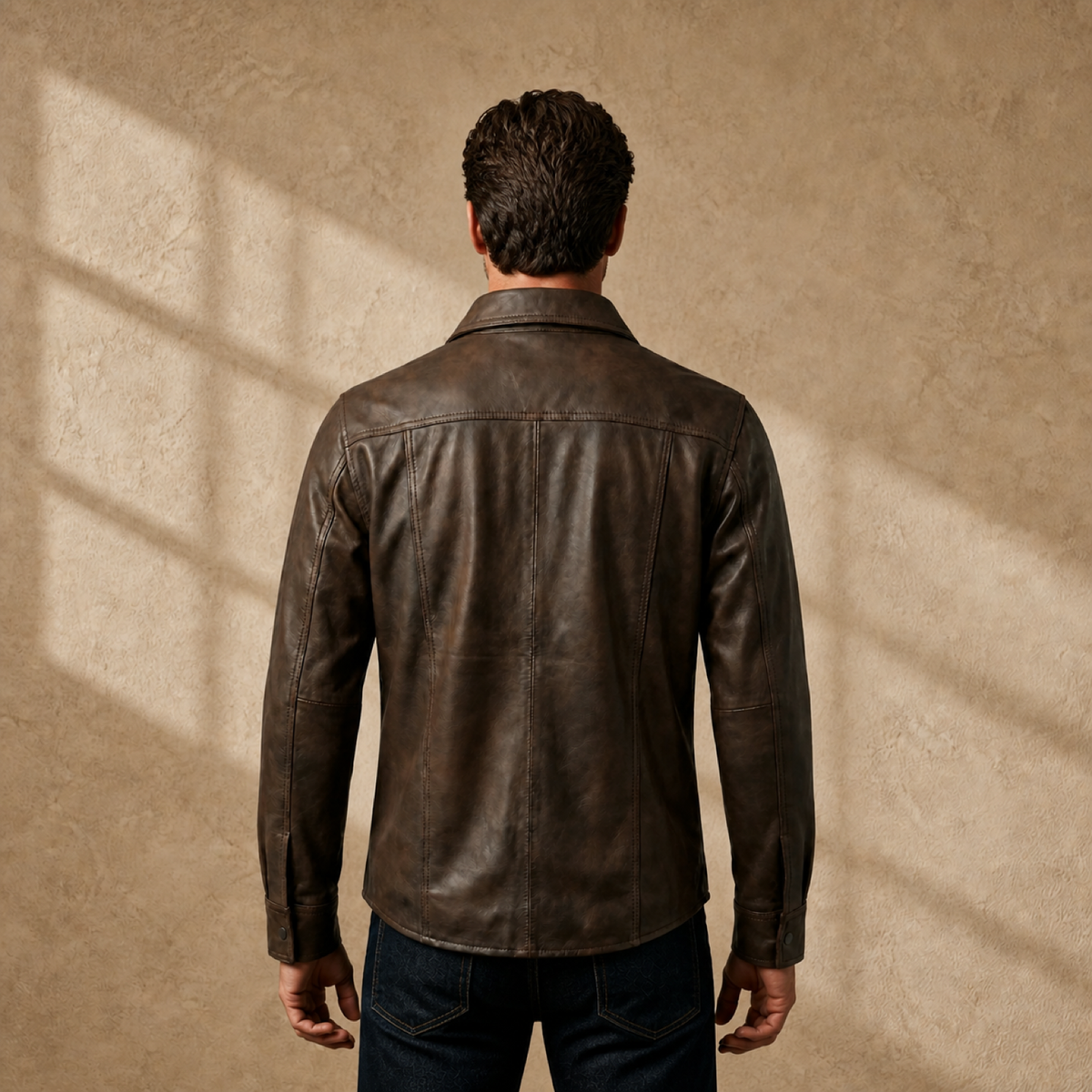 Men's Vintage Distressed Brown Lambskin Leather Shirt - motogrip mens distressed brown lambskin leather shirt model back squa