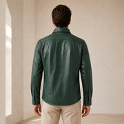 Men's Forest Green Lambskin Leather Shirt - motogrip mens forest green lambskin leather shirt model back view by MOTOGRIP GEA