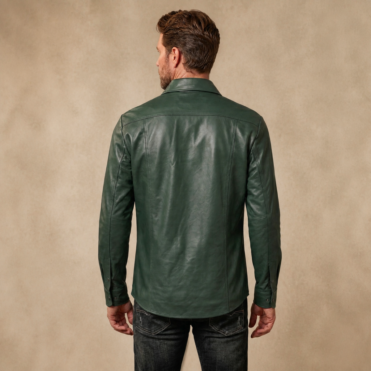 Men's Green Lambskin Leather Biker Shirt - motogrip mens green lambskin leather shirt model back view by MOTOGRIP GEAR