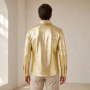 Men's Metallic Gold Lambskin Leather Shirt - motogrip mens metallic gold lambskin leather shirt model back view by MOTOGRIP G
