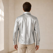 Men's Metallic Silver Lambskin Leather Shirt - motogrip mens metallic silver lambskin leather shirt model back view by MOTOGR