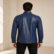 Men's Navy Lambskin Leather Shirt - motogrip mens navy lambskin leather shirt model back view by MOTOGRIP GEAR