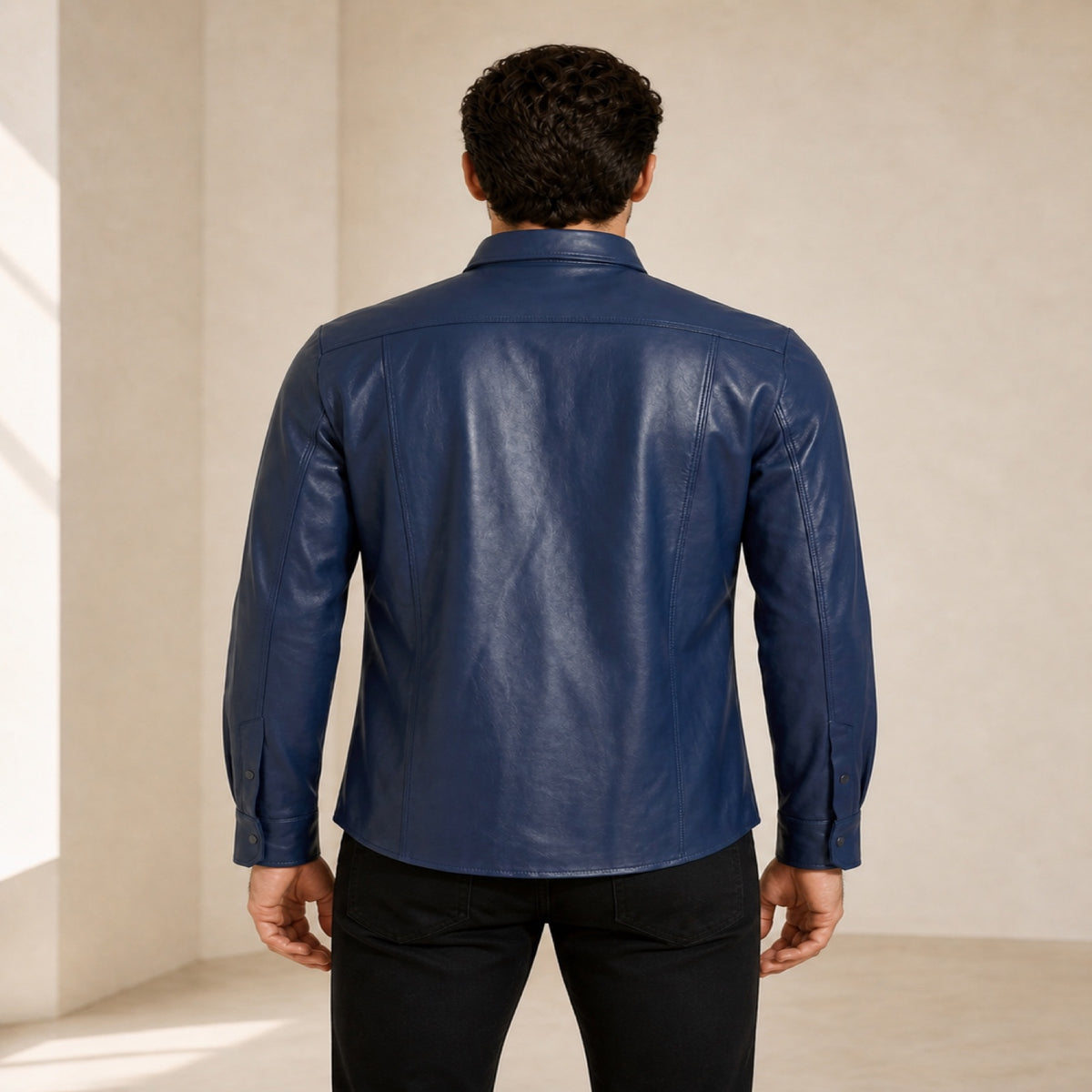 Men's Navy Lambskin Leather Shirt - motogrip mens navy lambskin leather shirt model back view by MOTOGRIP GEAR