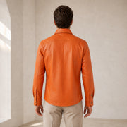Men's Orange Lambskin Leather Shirt - motogrip mens orange lambskin leather shirt model back view by MOTOGRIP GEAR