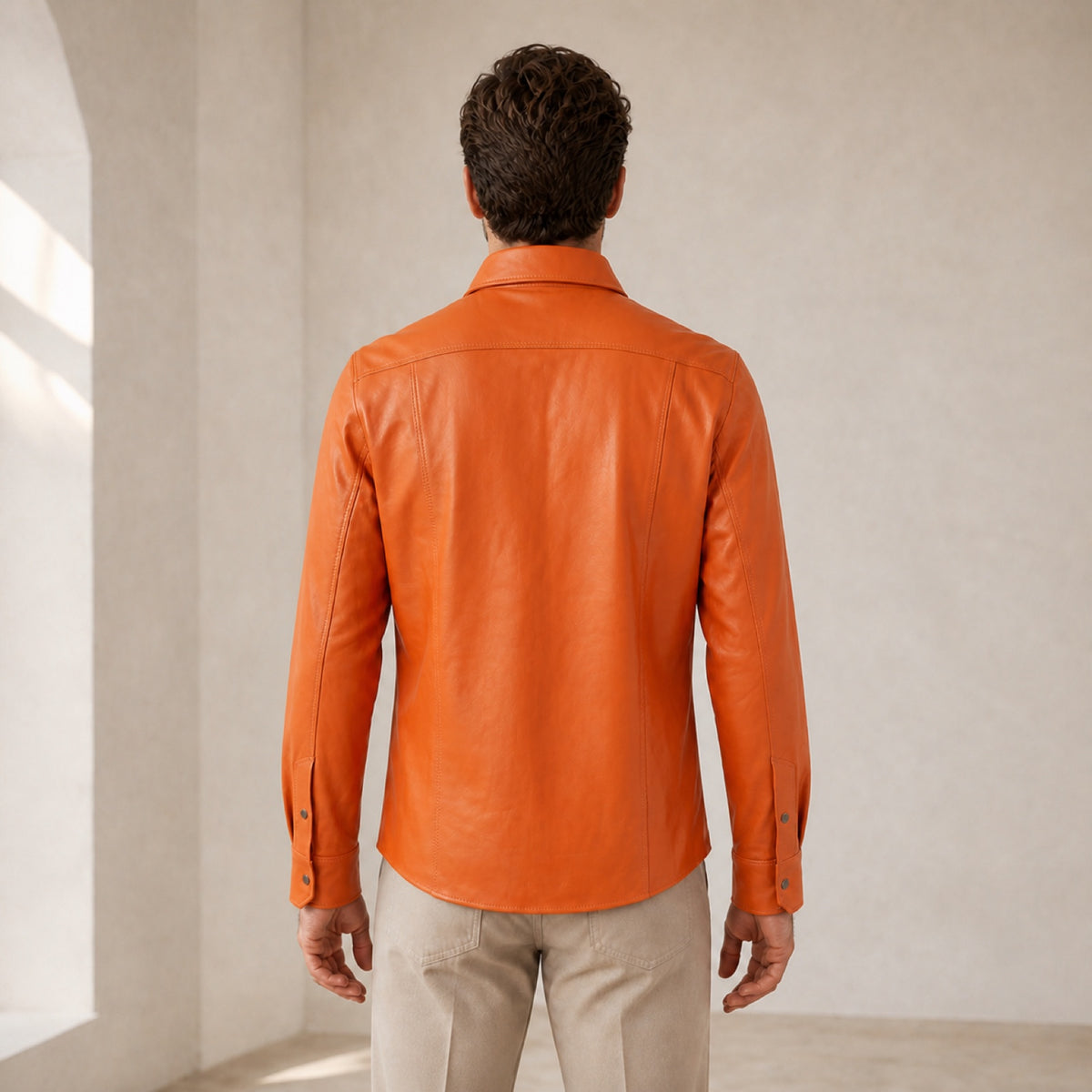 Men's Orange Lambskin Leather Shirt - motogrip mens orange lambskin leather shirt model back view by MOTOGRIP GEAR