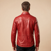 Men's Red Lambskin Leather Biker Shirt - motogrip mens red lambskin leather shirt model back view by MOTOGRIP GEAR