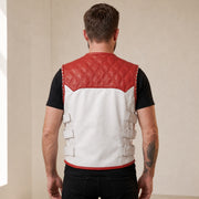 Men's White & Red Quilted Cowhide Leather Motorcycle Vest - motogrip mens red white quilted swat leather vest model back view