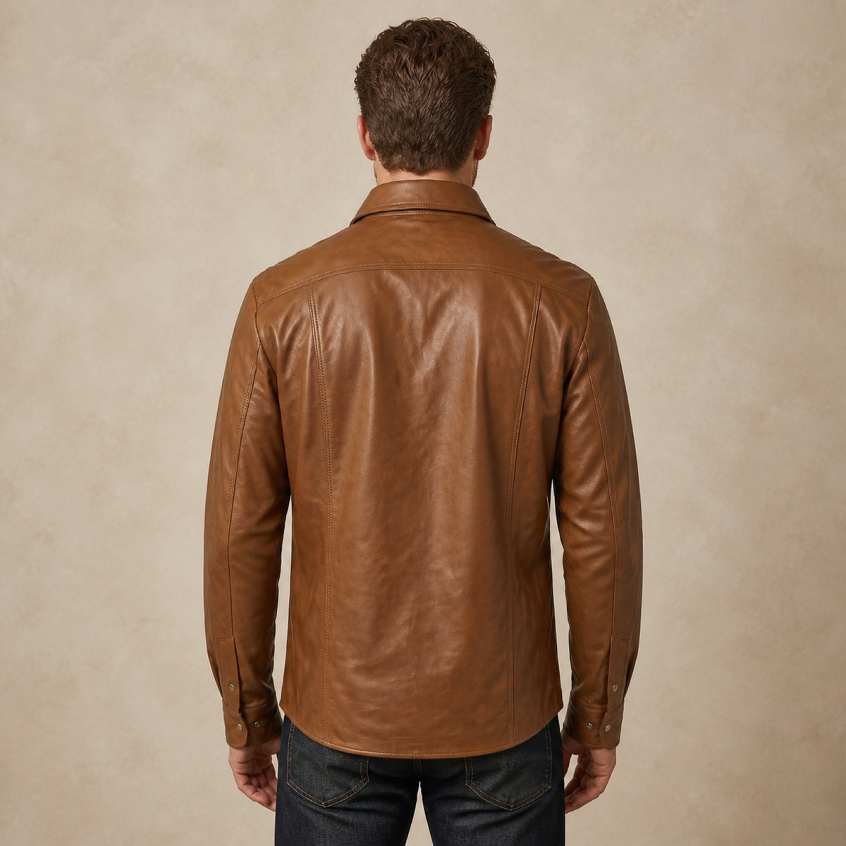 Men's Tan Lambskin Leather Biker Shirt - motogrip mens tan lambskin leather shirt model back view by MOTOGRIP GEAR
