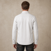 Men's White Lambskin Leather Biker Shirt - motogrip mens white lambskin leather shirt model back view by MOTOGRIP GEAR