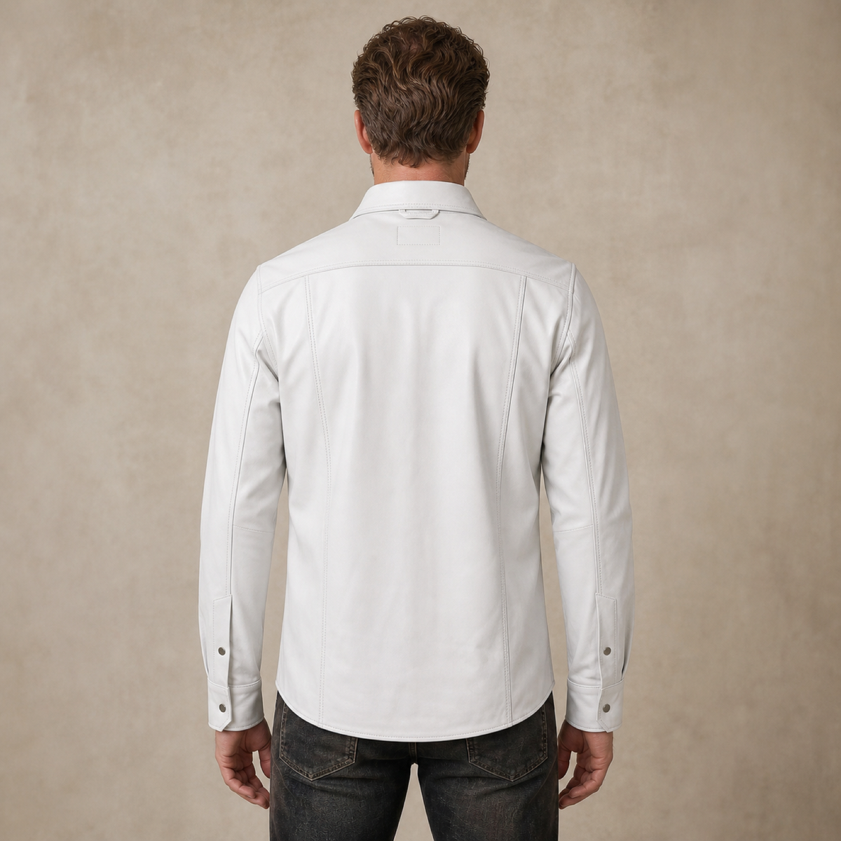 Men's White Lambskin Leather Biker Shirt - motogrip mens white lambskin leather shirt model back view by MOTOGRIP GEAR