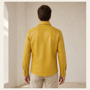 Men's Yellow Lambskin Leather Shirt - motogrip mens yellow lambskin leather shirt model back view by MOTOGRIP GEAR