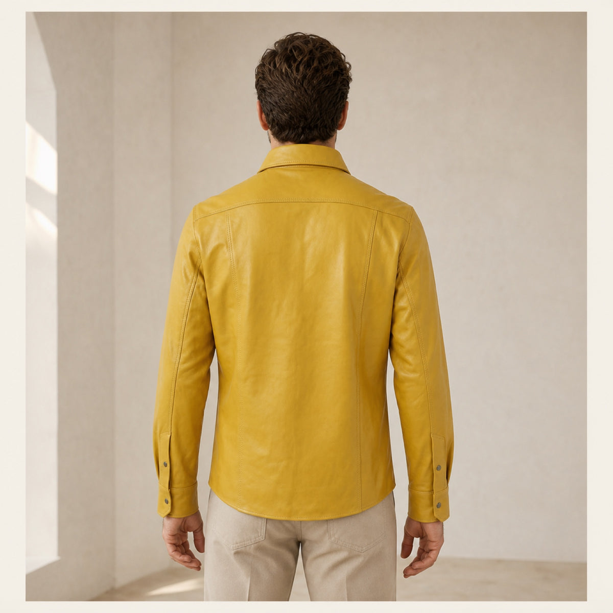 Men's Yellow Lambskin Leather Shirt - motogrip mens yellow lambskin leather shirt model back view by MOTOGRIP GEAR