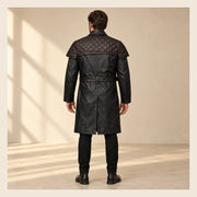 MOTOGRIP Redmere men's Black Quilted Sheepskin Leather Trench Coat, back view on a model.